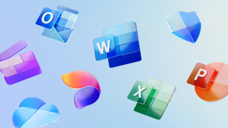 Image of various Microsoft icons displaying as if they are flying on a soft blue background